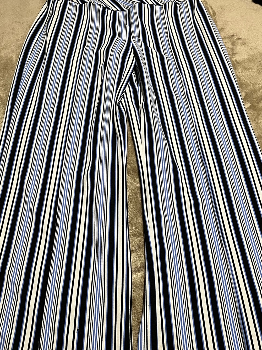 Striped Wide-Leg Women's Pants in Black, White & Blue-L